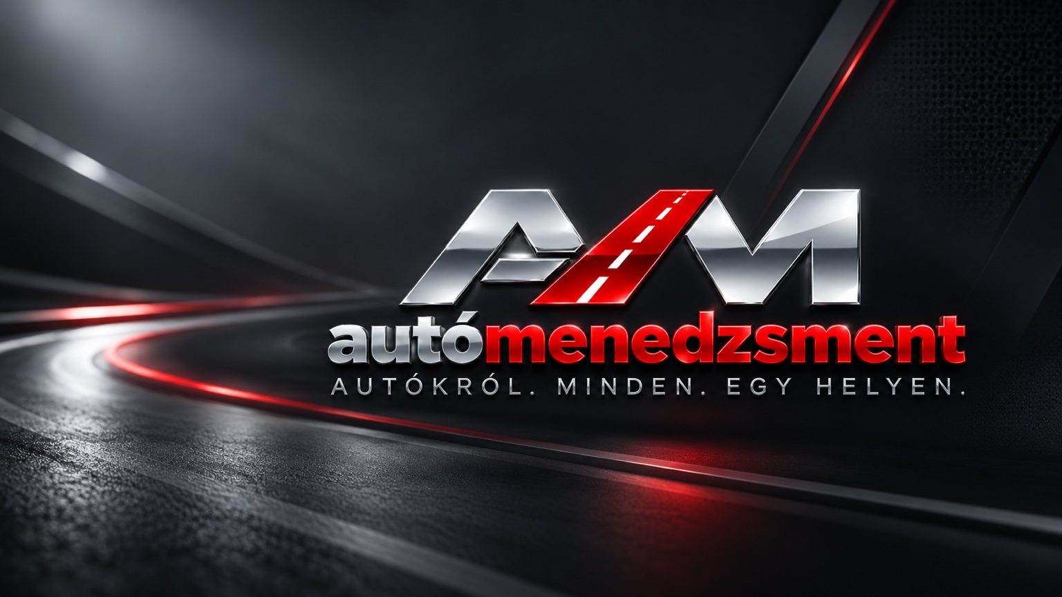 Autómenedzsment – ezüst és vörös AM logó, az Autókról. Minden. Egy helyen. mottóval, prémium sötét autóipari háttérben